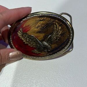 Vintage Eagle buckle with genuine hand inlayed feathers made in the USA